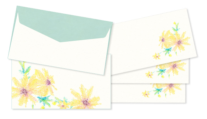 クレヨンで描いた向日葵と封筒のテンプレート